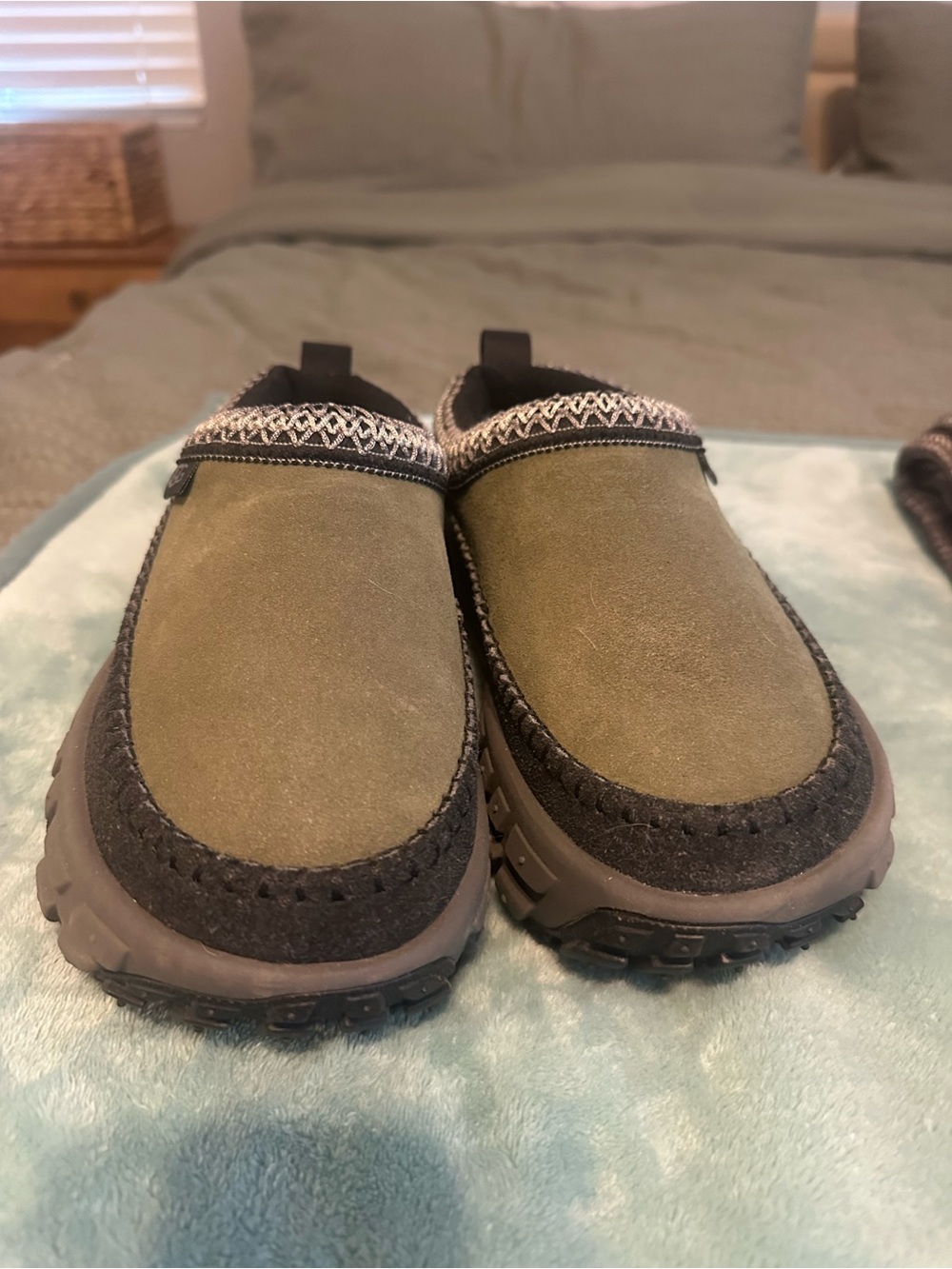 UGG Olive Green Suede Slip-On Slippers with Black Trim